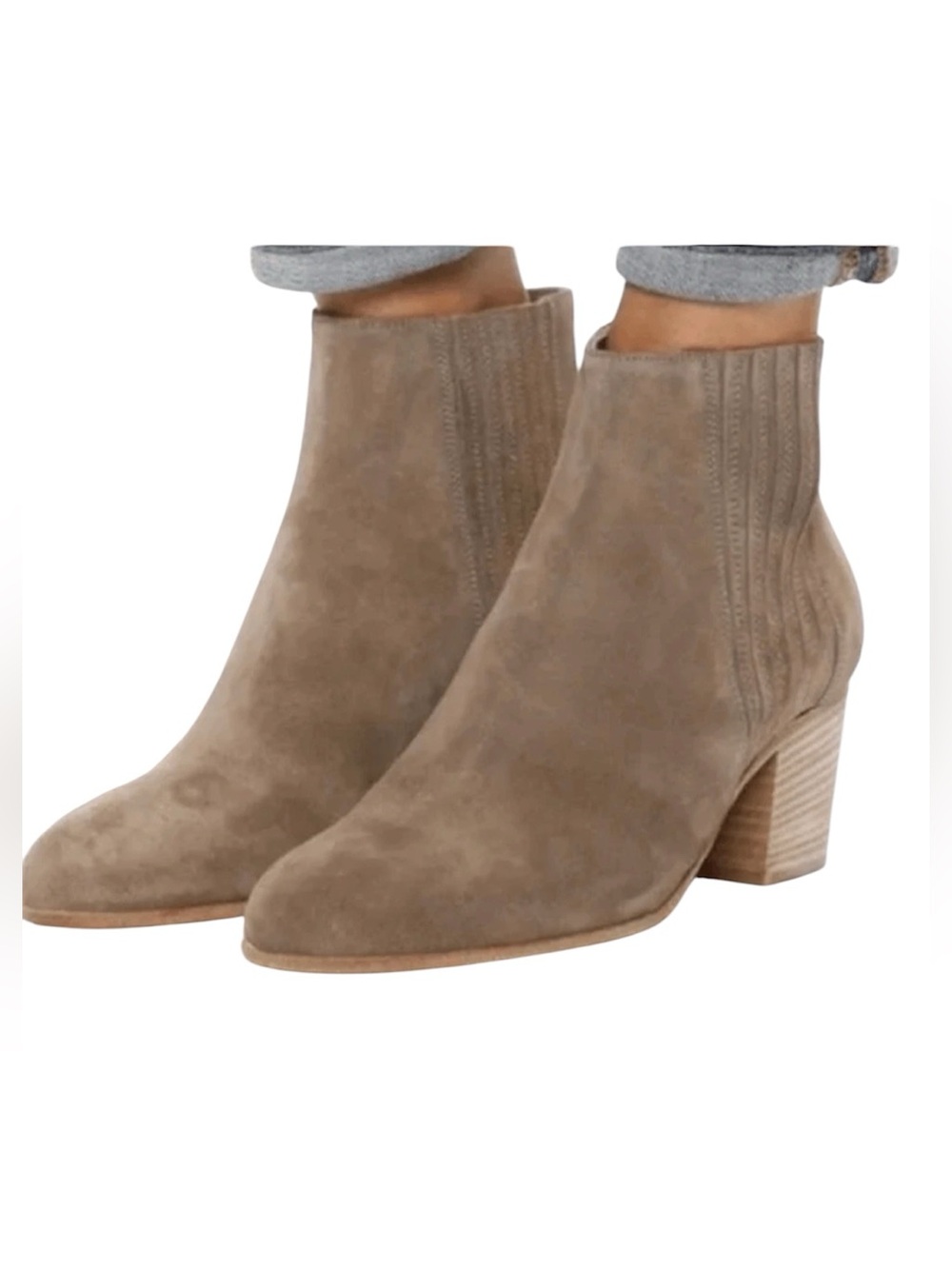 Vince Haider Taupe Suede Ankle  
Minimalist Quiet Luxury Block Heel Boots SZ 8.5